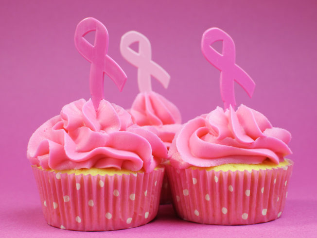 Pink cupcakes with Pink Ribbon symbol for International Breast Cancer Awareness charity month of October. Close up.