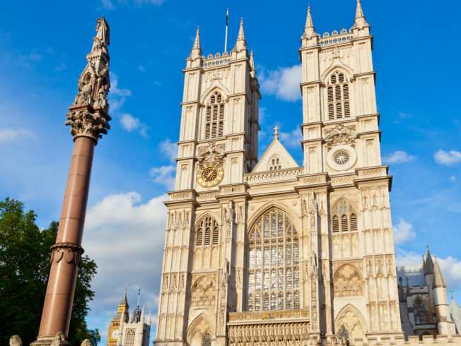 Western facade of Westminster Abbey with Westminster Column in London