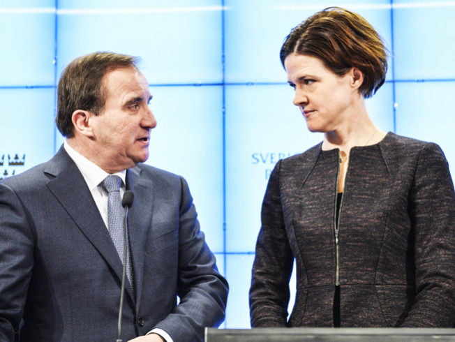 Sweden's PM Lofven and Moderate Party leader-elect Batra speak during a news conference at the Swedish Parliament in Stockholm